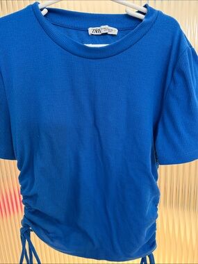 ZARA Royal Blue Ribbed Short Sleeve Top with Side Drawstrings